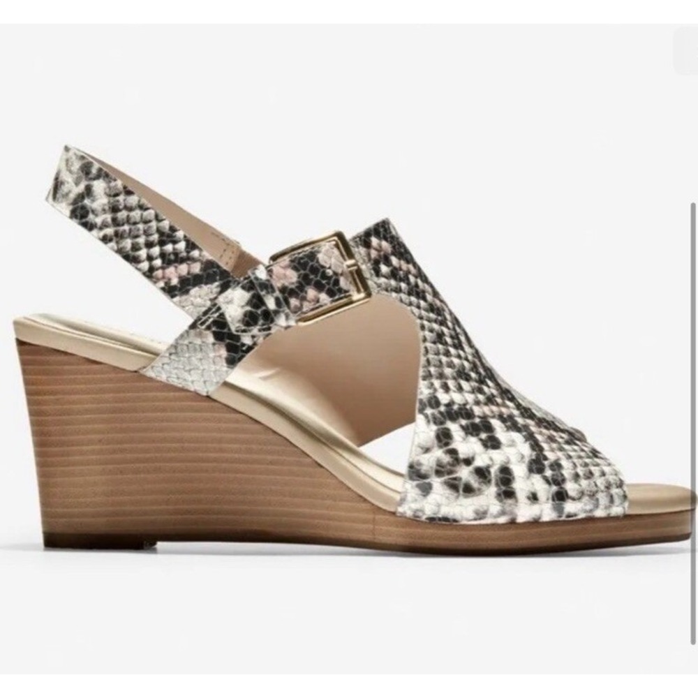 Cole Haan Grand Ambition Wedge Sandals Womens 10 Snakeskin Slingback Beige